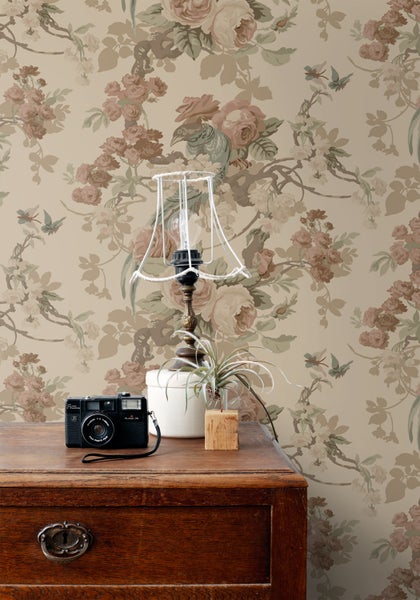 ESTAhome Tapete Blumen und Vögel Beige - 50 x 900 cm - 139808