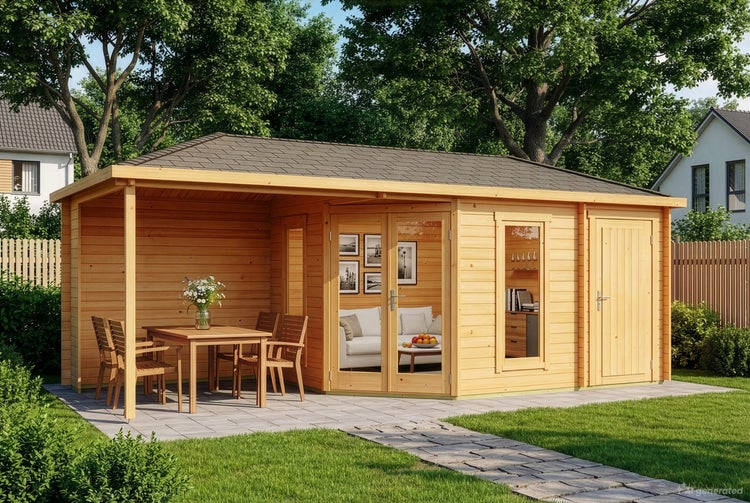 Gartenhaus aus Holz mit überdachter Terrasse und integriertem Abstellraum in einem Garten mit Sitzgarnitur und großen Glasfenstern.