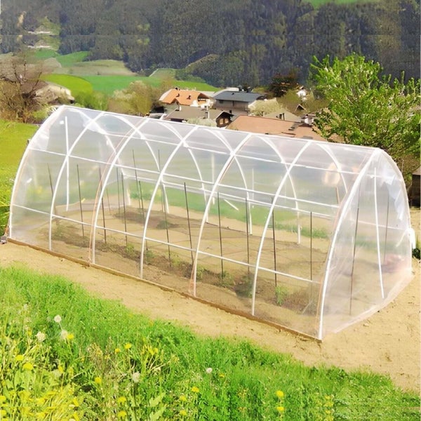 Gewächshaus mit transparenter Folie im Garten.