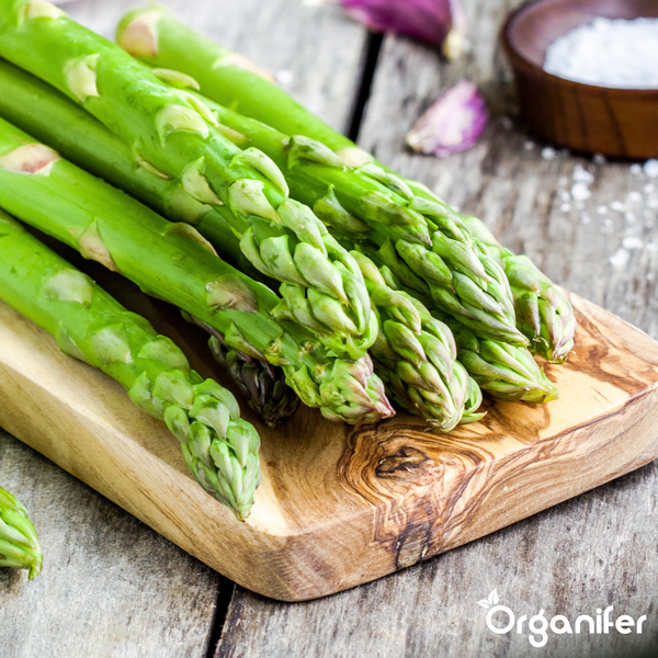Frischer grüner Spargel mit violetten Spitzen, Organifer Logo.