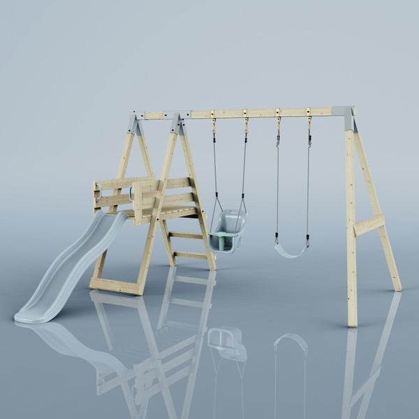 Holz-Schaukelgestell mit Wellenrutsche, Babyschaukel und Brettschaukel für den Garten.