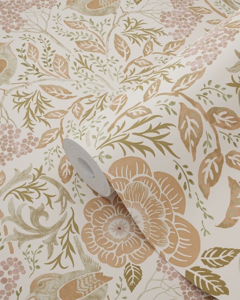 ESTAhome Tapete Blumen und Vögel im Jugendstil Sandbraun, Beige und Altrosa - 53 cm x 10.05 m - 139566