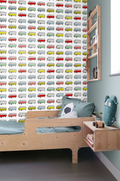 ESTAhome XXL-Vliestapete Vintage Volkswagen Transporter Gelb, Blau, Grau, Rot und Grün - 50 x 900 cm - 158713
