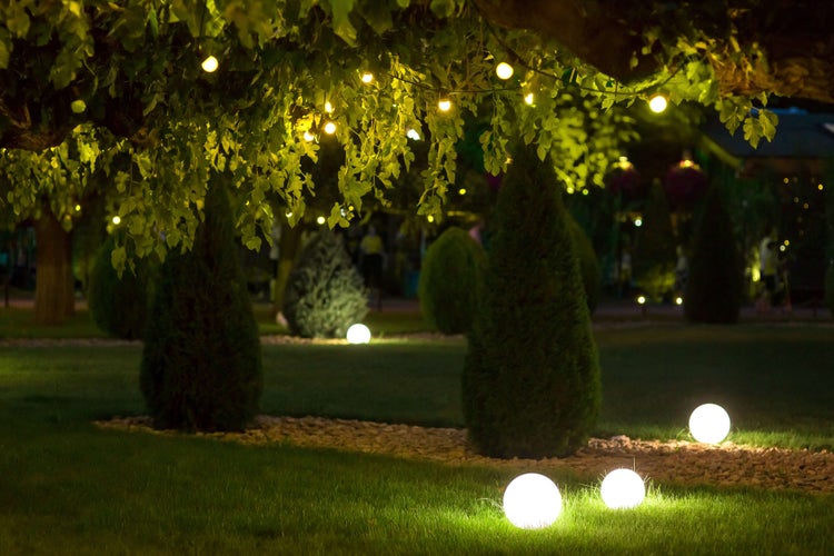 Nachts beleuchteter Garten mit Bäumen und Rasenflächen