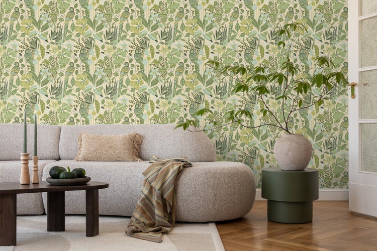 ESTAhome Tapete tropischen Blumen und Paradiesvögeln Graugrün - 50 x 900 cm - 131157