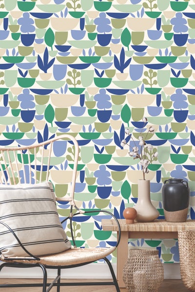 ESTAhome Tapete Keramik und Pflanzen Blau und Grün - 50 x 900 cm - 131076