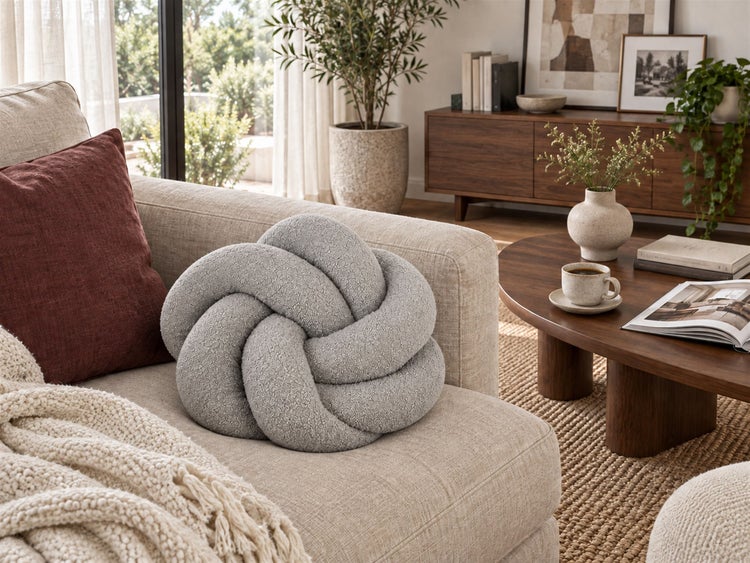 Strukturkissen in Knotenform auf einem Sofa in einem wohnlich eingerichteten Raum mit Holzmöbeln und Pflanzendekoration.