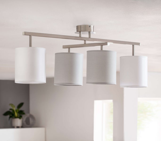 4er Deckenleuchte TILDE, klassische Deckenlampe aus Metall und Textil in Grau mit E27-Fassung, 82 cm lang, die Schirme sind verstellbar, ideal für Wohnzimmer, Esszimmer und Schlafzimmer