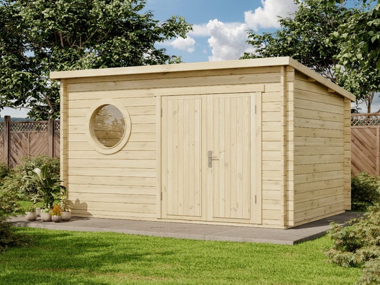 Alpholz Gartenhaus Maria-Rondo B aus Massiv-holz, Gerätehaus mit 44 mm Wandstärke, Garten Holzhaus mit Imprägnierung (pinie), Geräteschuppen Größe: 400 x 300 cm, Pultdach