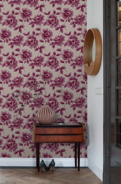 ESTAhome Tapete Aquarell gemalte Rosen Aubergineviolett und Taupe - 53 cm x 10.05 m - 128017