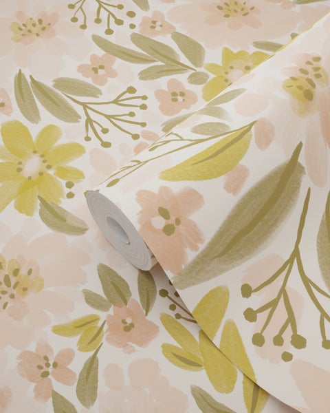 ESTAhome Tapete Blumen Hellrosa, Ockergelb und Graugrün - 50 x 900 cm - 130924