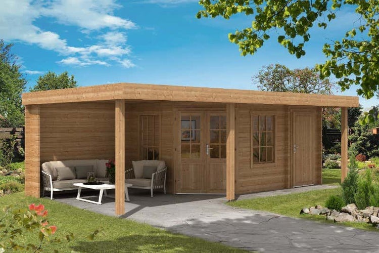 Alpholz Gartenhaus Johanna-40 Plus Gartenhaus aus Holz in natur, Holzhaus mit 40 mm Wandstärke inklusive Terrasse, Blockbohlenhaus mit Montagematerial imprägniert 7,2x4m