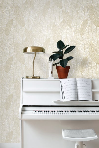 ESTAhome Tapete gezeichnete Blätter Weiß und Gold - 53 cm x 10.05 m - 139125