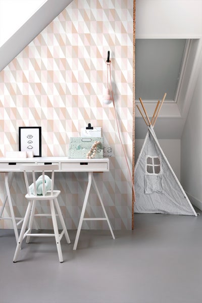 ESTAhome Tapete grafische Dreiecke Hellrosa, Dunkelorange und Beige - 53 cm x 10.05 m - 139196