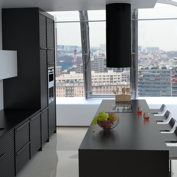 Moderne Küche mit Küchenschränken, Kochinsel und Dunstabzugshaube vor einem Panoramafenster mit Blick auf die Stadt.