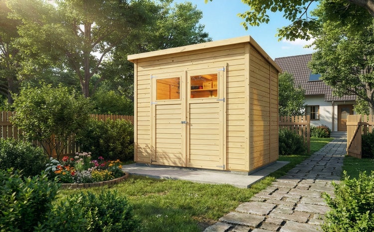 Gartenhaus aus Holz mit Pultdach und Doppeltür mit Fenstern in einem hellen Garten mit Blumenbeet und Rasen.