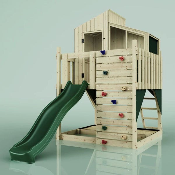 Spielturm aus Holz mit Rutsche, Kletterwand und Sandkasten