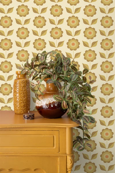 ESTAhome Tapete Blumen Olivgrün und Ockergelb - 50 x 900 cm - 130978