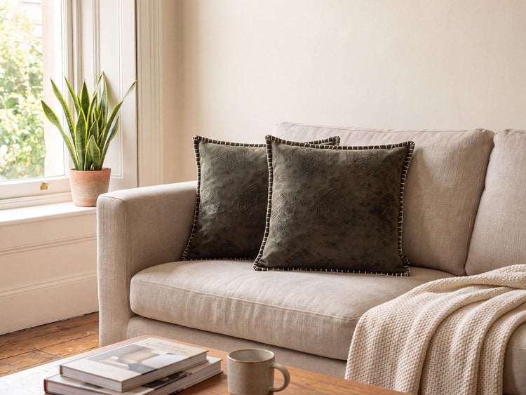 Zwei quadratische Dekokissen mit Ziernaht auf einem hellen Sofa in einem hellen Wohnraum mit Zimmerpflanze am Fenster.