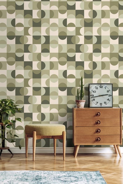 ESTAhome Tapete Kreise im Bauhaus-Stil Graugrün und Beige - 50 x 900 cm - 130940