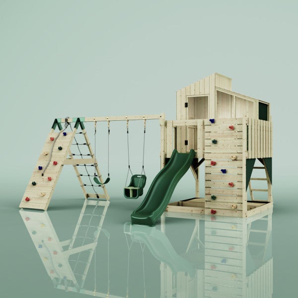 Spielplatz mit Schaukel, Rutsche und Kletterwand aus Holz