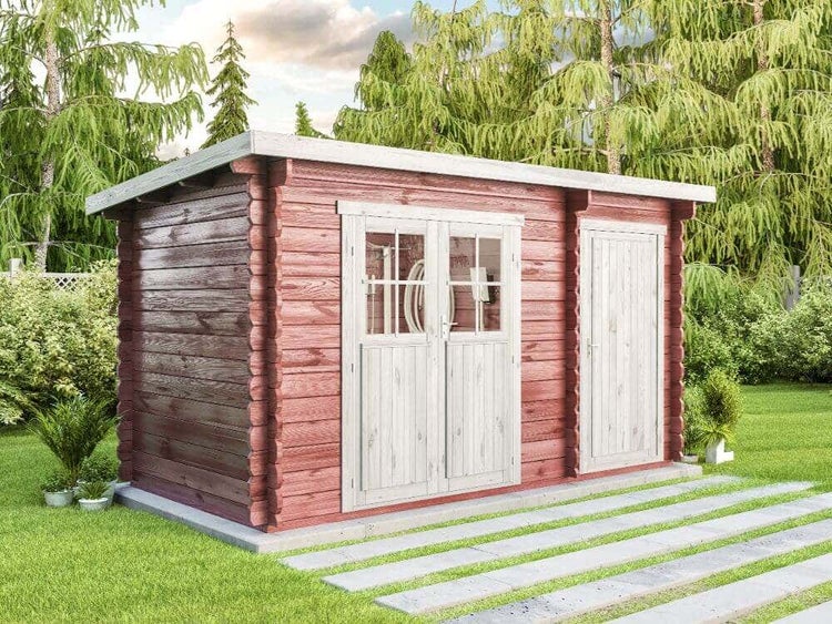 Alpholz Gartenhaus Korfu mit Anbau Gartenhaus aus Holz in natur, Holzhaus mit 28 mm Wandstärke, Blockbohlenhaus mit Montagematerial imprägniert 3,8x2m