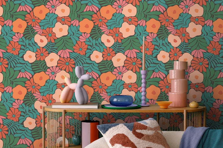 ESTAhome Tapete Blumen im Matisse-Stil Dunkelgrün, Orange und Blau - 50 x 900 cm - 131008