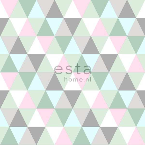 ESTAhome Tapete Dreiecke Mintgrün, Rosa und Grau - 53 cm x 10.05 m - 128706