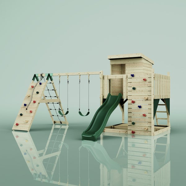 Spielturm aus Holz mit Rutsche, zwei Schaukeln, Kletterwänden und Strickleiter.