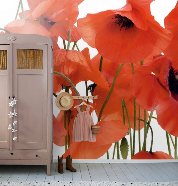 Kinderzimmer mit Mohnblumen-Fototapete, Kleiderschrank und Accessoires