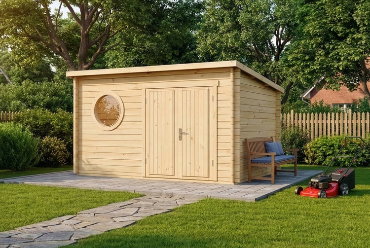 Gartenhaus aus Holz mit Pultdach und Rundfenster auf einer Steinterrasse in einem hellen Garten mit Rasenmäher, Bank und Holzzaun.