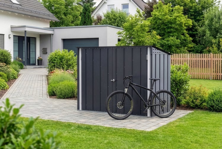 Moderner Fahrradschuppen aus Metall in Anthrazit auf einer gepflasterten Fläche im Garten mit einem davor stehenden schwarzen Mountainbike.