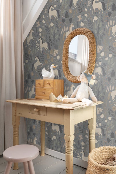ESTAhome Tapete Einhörner Graublau - 50 x 900 cm - 139874