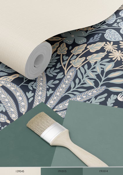 ESTAhome Tapete tropische Blätter und Blüten Graublau und Beige - 0.53 x 10.05 m - 130948