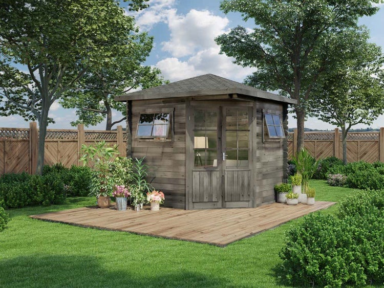 Alpholz 5-Eck Gartenhaus Sunny-B aus Massivholz Grau (Imprägnierung)| Gerätehaus mit 28 mm Wandstärke, Garten Holzhaus inklusive Montagematerial, Geräteschuppen Größe: 250 x 250 cm, Spitzdach