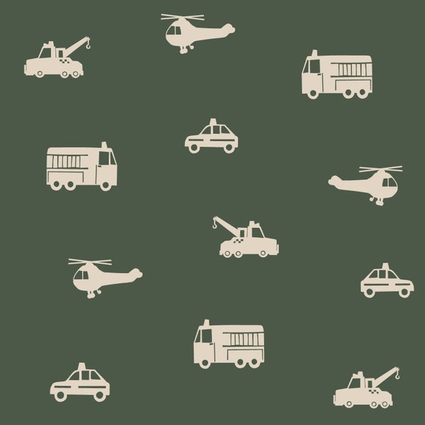 ESTAhome Tapete Autos, Löschfahrzeuge, Hubschrauber und Kräne Olivgrün - 50 x 900 cm - 131455