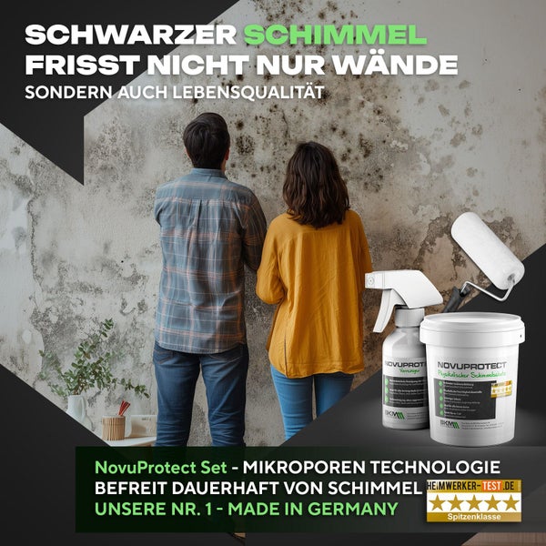 Personen vor schimmelbefallener Wand, NovuProtect Set zur Schimmelbekämpfung, Vorreiniger, Schimmelschutz, Roller und Fünf-Sterne-Bewertung.