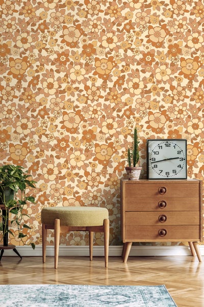 ESTAhome Tapete Retro Blumen Gelb und Orange - 50 x 900 cm - 131531