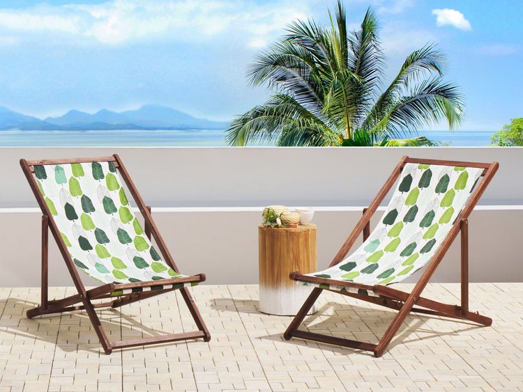 Set mit 2 klappbaren Liegestühlen ANZIO mit Ersatzstoffen Blumenmuster Akazienholz Dunkelbraun