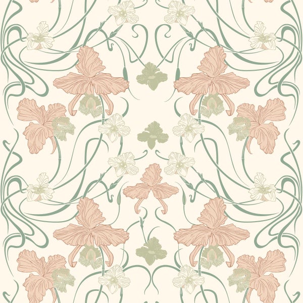 ESTAhome Tapete Blumenmuster im Jugendstil Crême-Weiß, Hellrosa und Graugrün - 53 cm x 10.05 m - 139666