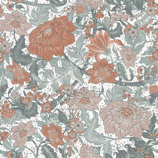 ESTAhome Tapete Blumenmuster Blaugrün und Terrakotta - 50 x 900 cm - 131193
