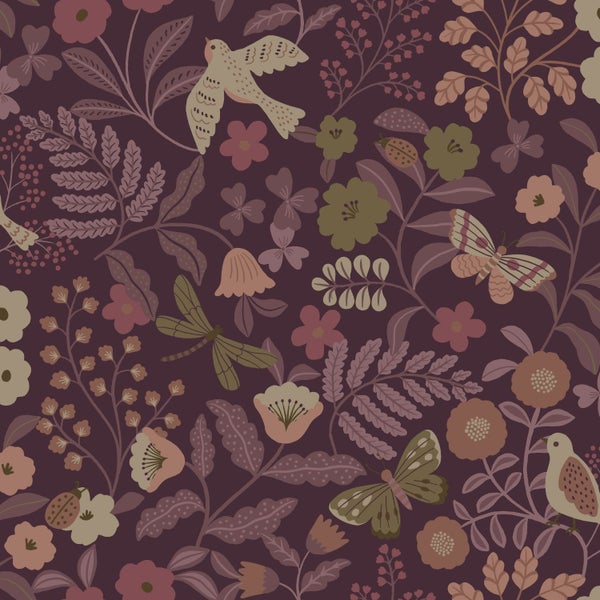 ESTAhome Tapete Blumen und Vögel Aubergineviolett - 50 x 900 cm - 131639