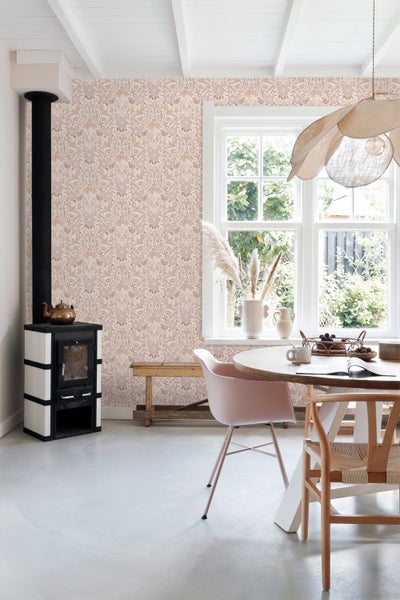 ESTAhome Tapete Blumen und Vögel Sandbeige und Violett - 53 cm x 10.05 m - 139829