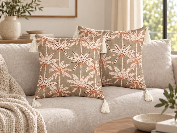 Zwei quadratische Dekokissen mit Palmenmuster und Quasten an den Ecken auf einem Sofa in einem gemütlich eingerichteten Wohnzimmer.