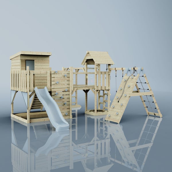 Spielplatz mit Kletterwand, Rutsche und Spielhaus aus Holz