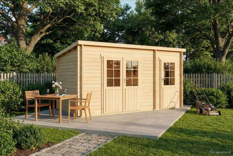 Holzgartenhaus mit Doppeltür und Einzeltür auf einer Terrasse vor Bäumen mit Gartenmöbeln und Rasenmäher