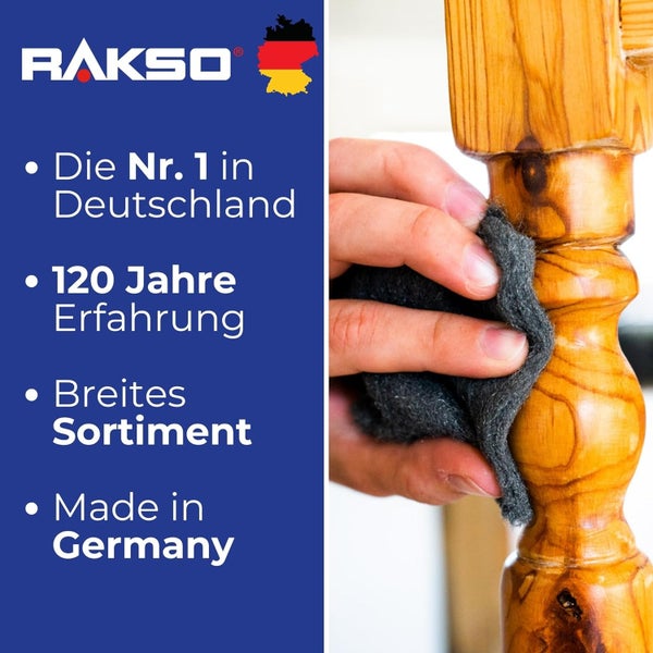 Rakso Logo. Hand mit Stahlwolle am Holzbein. Text: Nummer 1 in Deutschland, 120 Jahre Erfahrung, breites Sortiment, hergestellt in Deutschland.