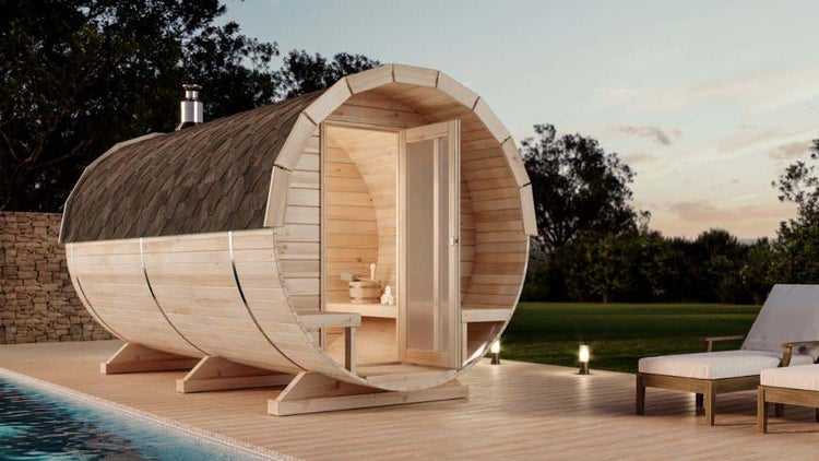 FinnTherm Fasssauna Charlotte Fasssauna 2 Sitzbänke aus Holz, Sauna mit 42 mm Wandstärke, Außensauna mit Montagematerial, Naturbelassen