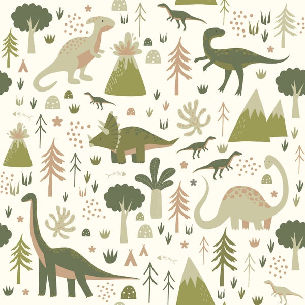 ESTAhome Tapete Dinosaurier Grün - 50 x 900 cm - 131356