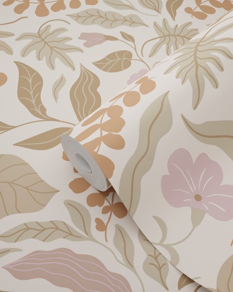 ESTAhome Tapete Blätter und Blumen Beige, Terrakotta und Lila - 50 x 900 cm - 131051
